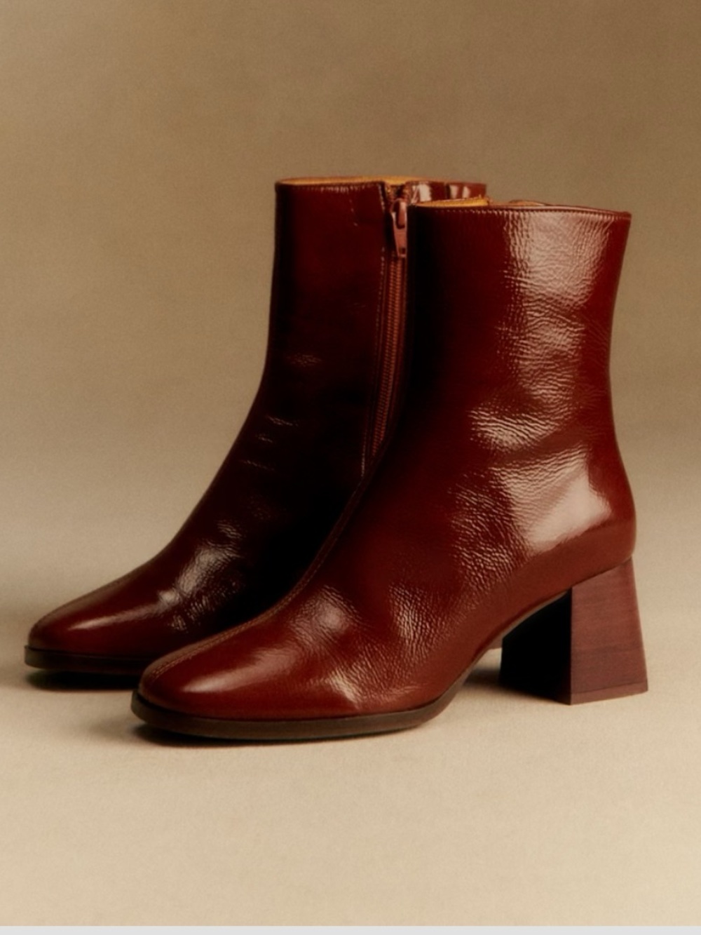 Sézane Patent Axelle Ankle Boots in Polished Camel